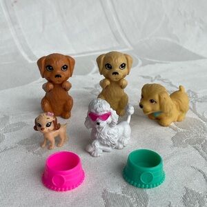 Barbie Puppy Dog Pet Lot 5 Brown Yellow Lab White Poodle w 2 Food Bowls